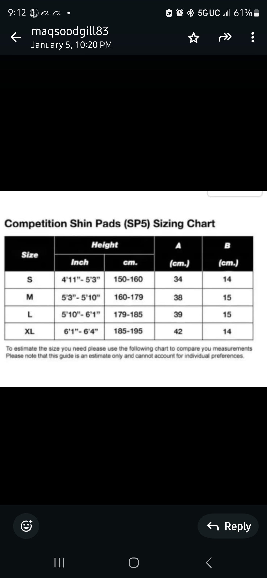 SHINS SIZE CHART